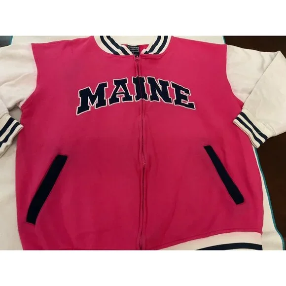 Women Girls Maine Spell Out Varsity Bomber Jacket Barbiecore Full Zip M 44”Chest - Picture 9 of 16